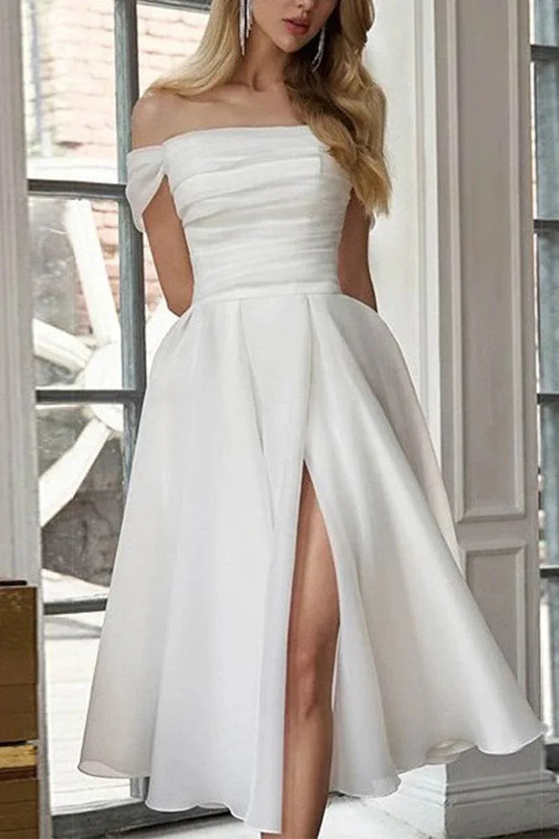 A-Line Tea Length Organza Little White Dress 100046CR - COCOMELODY